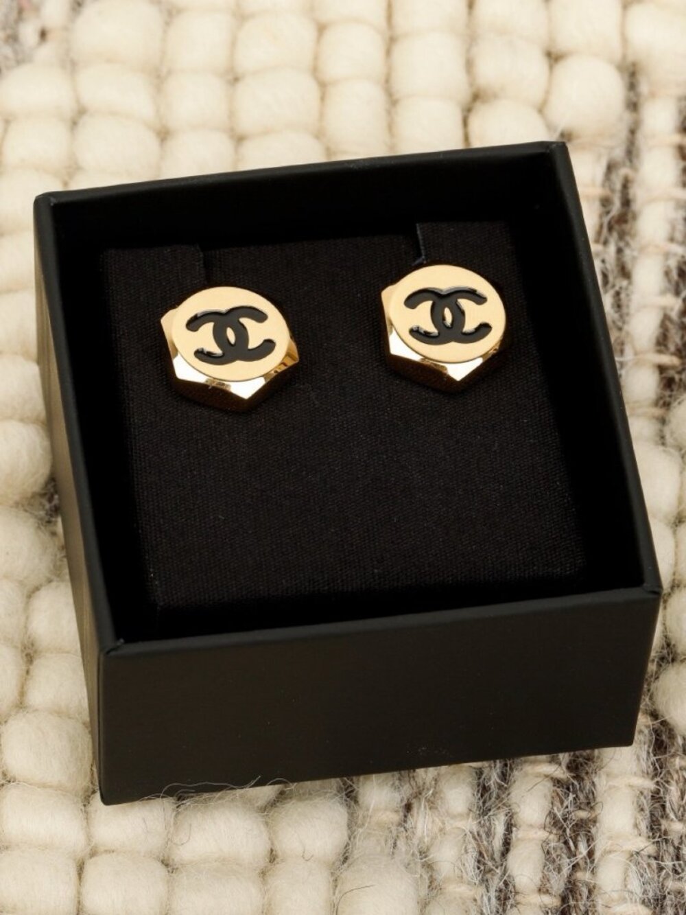 Chanel Gold-Tone Black Enamel CC Stud Earrings